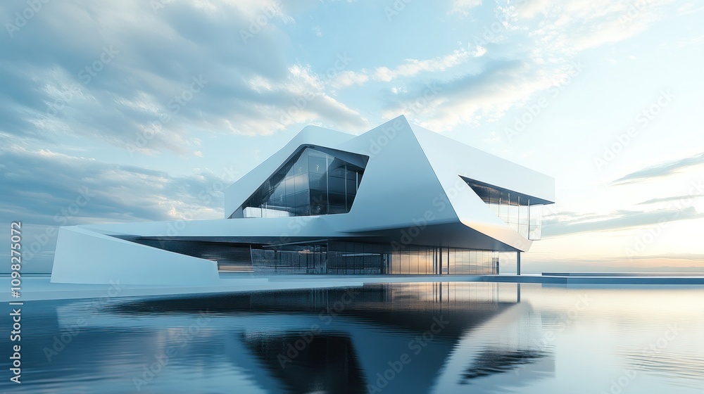 Poster modern architectural design featuring angular shapes and reflective surfaces by water.