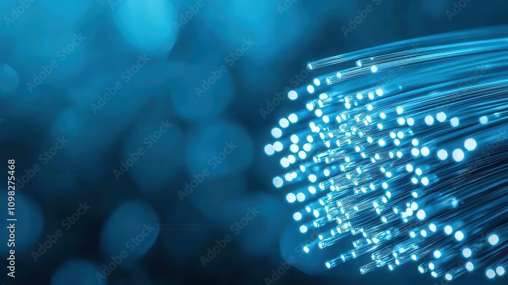 Poster a vibrant blue background featuring luminous strands of light, resembling fiber optics, creating a d