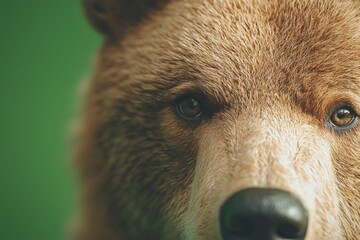 Obraz premium A close-up of a bear's face, showcasing its expressive eyes and thick fur against a green background.