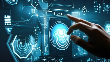Interactive Digital Interface: A hand interacts with a futuristic, holographic user interface, showcasing advanced technology and seamless digital interaction.