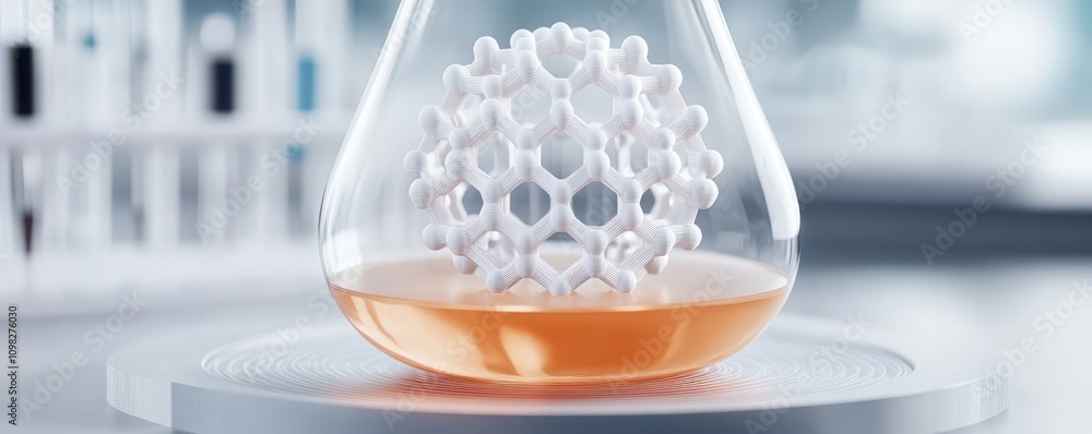 Poster laboratory flask with molecular structure and orange liquid inside.