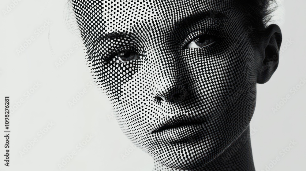 Poster a monochromatic portrait with a dotted texture, emphasizing facial features and emotion.