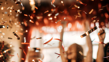 party confetti falling over cheering crowd indoors, blur, holiday background