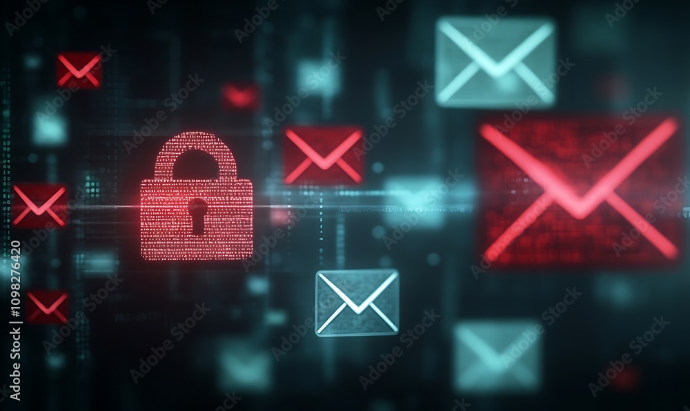 Aufkleber digital representation of email security with a lock and various email icons.
