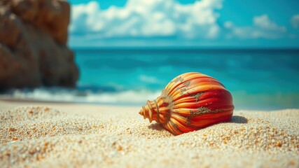 Obraz premium A Colorful Seashell Rests on the Warm Sand, with a Blurred Beach and Blue Sky in the Background