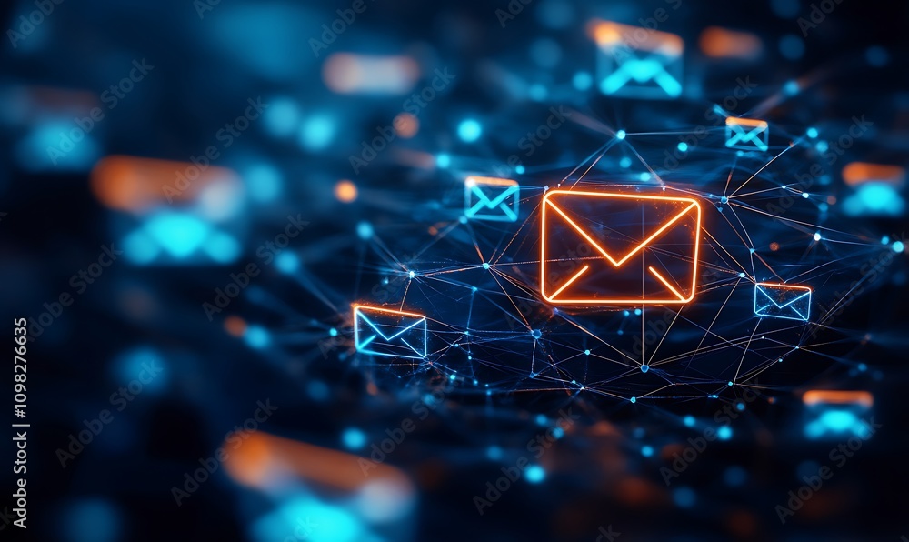 Poster digital representation of email communication with interconnected network elements.