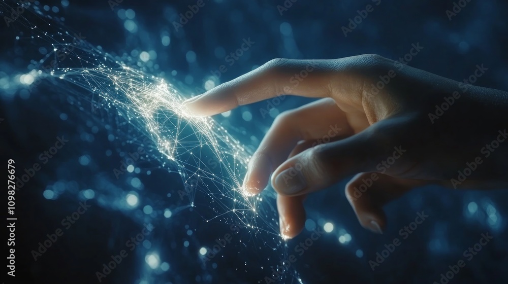 Poster hand interacting with digital network, glowing nodes and lines.