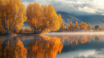 Obraz premium Tranquil Autumn Lake Scene with Golden Trees and Soft Focus, Capturing Peaceful Reflections in a Serene Natural Landscape