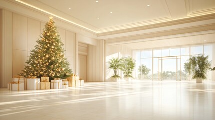 Luxurious Christmas Lobby with Large Tree and Gifts.