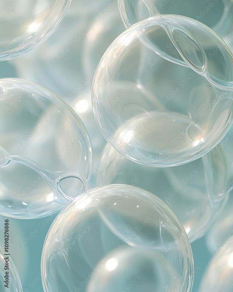 Poster a close-up view of translucent soap bubbles, showcasing their delicate forms and reflective surfaces