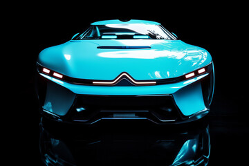 front view of a glossy blue futuristic sportscar isolated on a black background