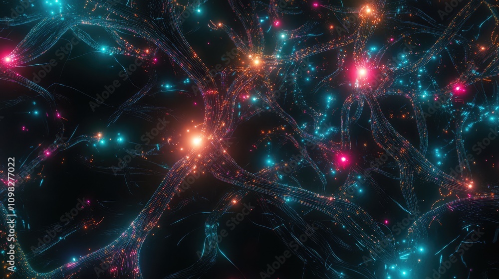 Poster high-definition circuit pathways with neon highlights and interconnected nodes, resembling digital s
