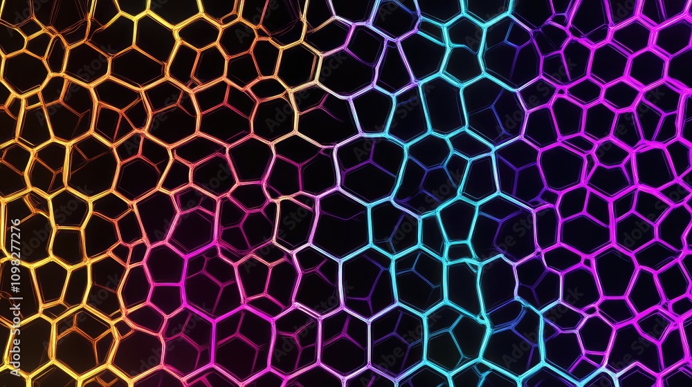 Poster high-resolution hexagonal grid pattern in a holographic style, glowing in neon against a dark backdr