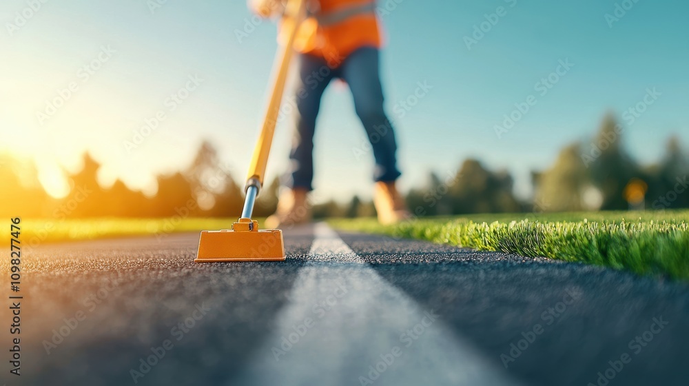 Poster a close up shot of a surveyor using a theodolite on a highway construction site, ensuring the precis