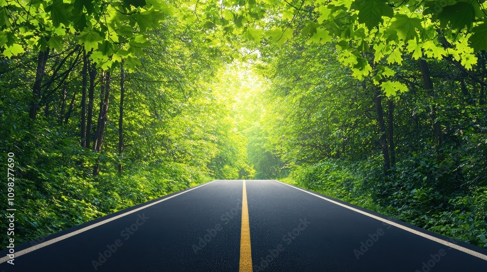Poster a tree lined highway passing through a dense forest, the sunlight filtering through the leaves and c
