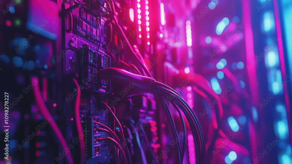 Poster close-up of illuminated server components and cables in a data center.