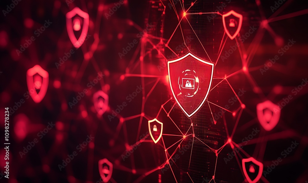 Poster digital representation of cybersecurity with red shields and network connections.