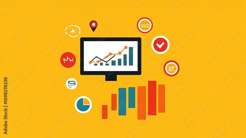 Poster illustration of data analytics with graphs, icons, and a computer screen on a vibrant background.
