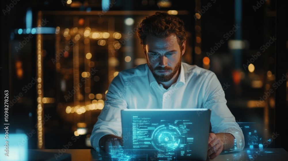 Poster a focused individual working on a laptop with digital graphics in a modern workspace.