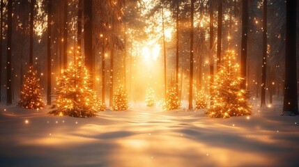 Enchanting Christmas Forest at Sunset.
