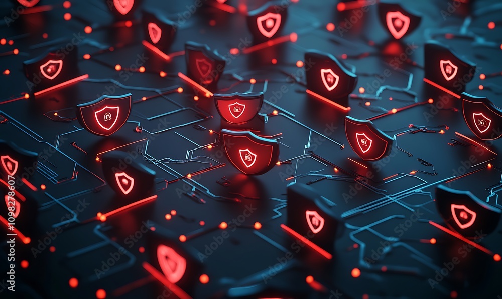 Poster digital representation of cybersecurity with glowing shields on a circuit board.