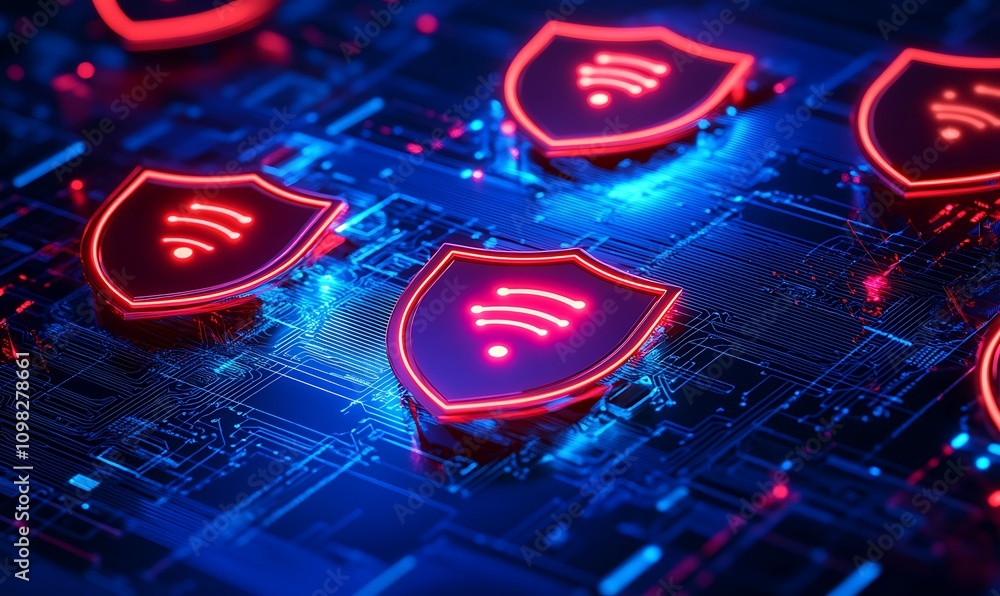 Poster digital representation of cybersecurity with shields and wi-fi symbols in blue and red tones.