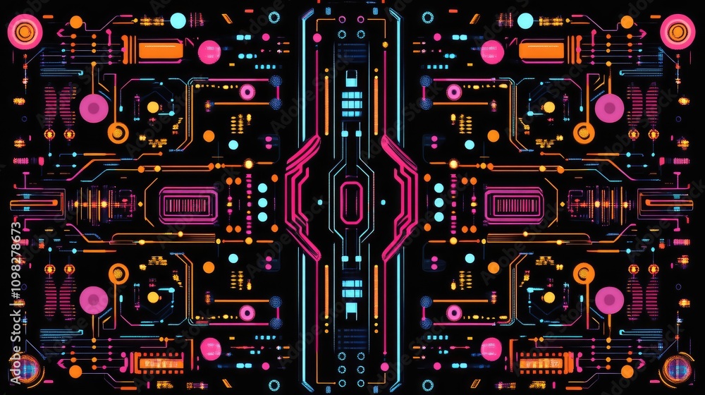 Poster high-tech data circuitry in vivid neon tones, arranged in symmetrical patterns on a metallic black s