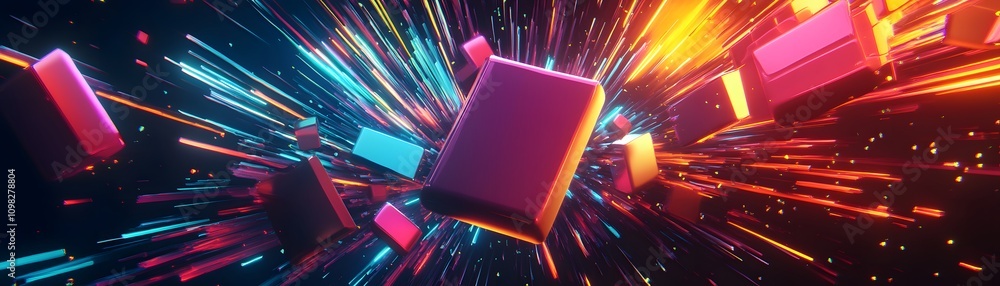 Poster neon cubes exploding through bright light streaks