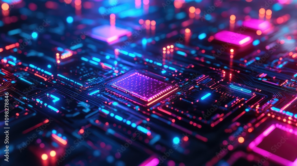 Aufkleber high-tech data circuitry in vivid neon tones, arranged in symmetrical patterns on a metallic black s