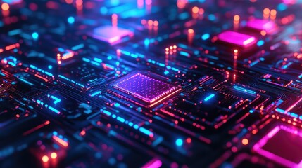 Obraz premium High-tech data circuitry in vivid neon tones, arranged in symmetrical patterns on a metallic black surface