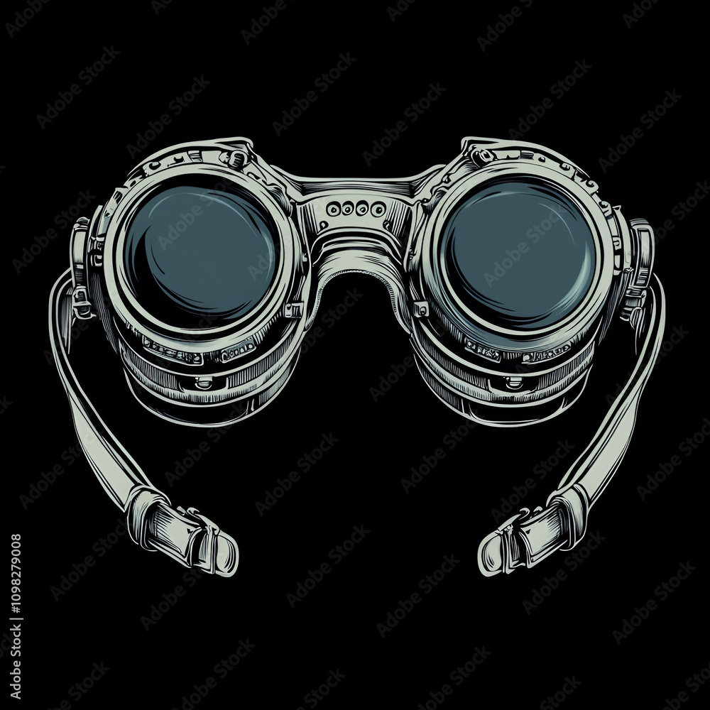 Poster retrofuturistic goggles with intricate lenses sci-fi concept art studio setting surreal environment 