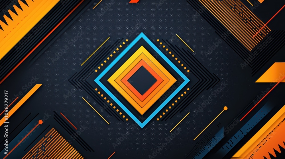 Poster a vibrant geometric design featuring layered shapes in blue, orange, and yellow against a dark backg