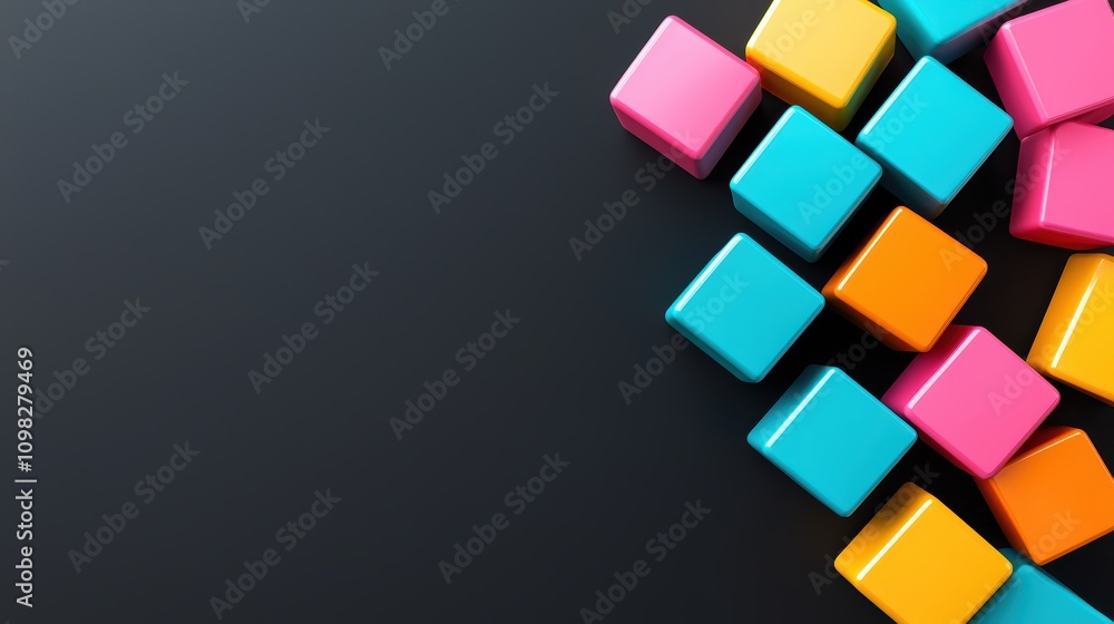Poster colorful geometric blocks arranged on a dark surface, creating a playful and vibrant composition ide