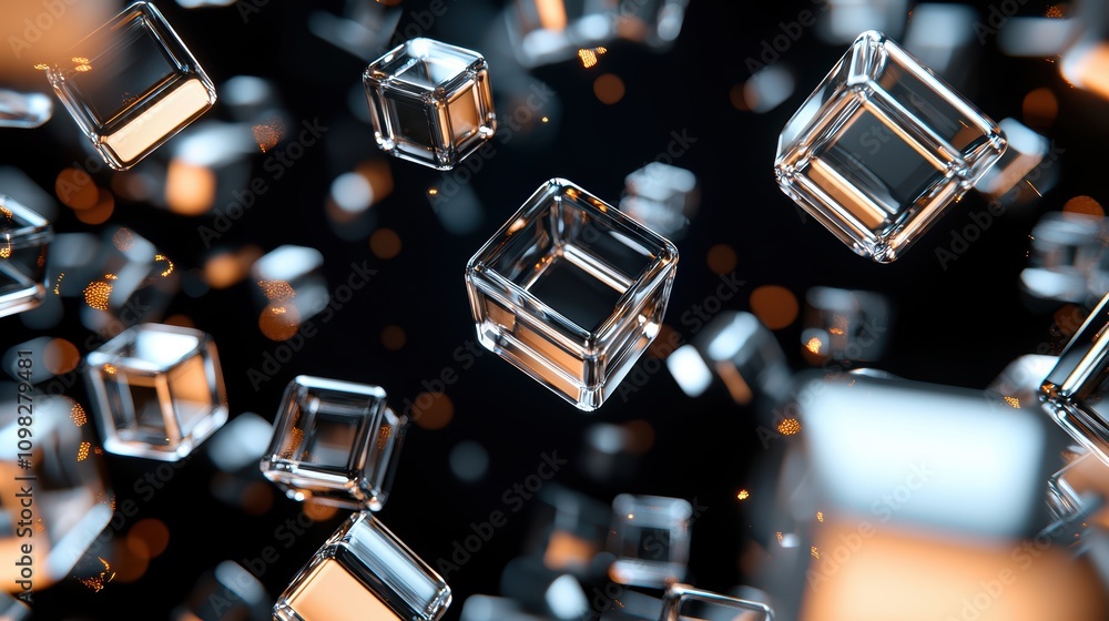 Aufkleber a collection of floating, transparent cubes illuminated against a dark background, creating a visual