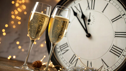 champagne toast with midnight clock for new year