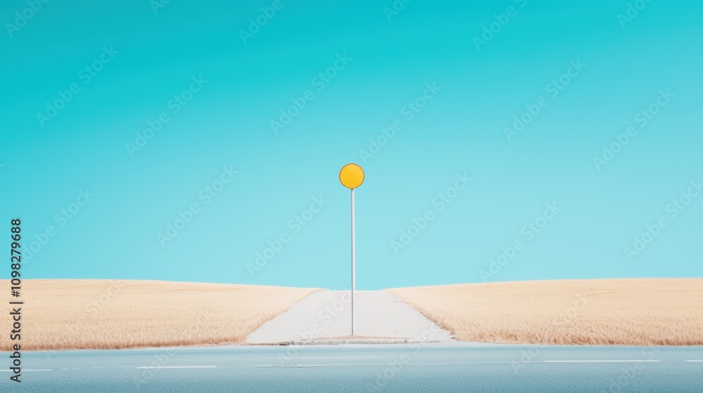 Poster a rural intersection with a single traffic light, surrounded by open fields and a clear blue sky, of
