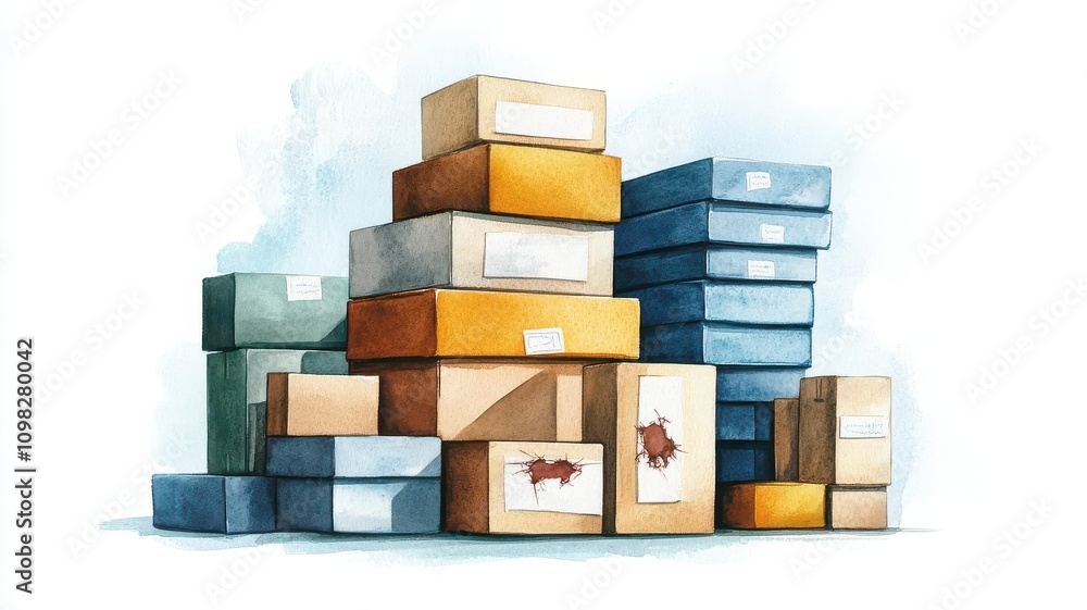 Poster A colorful stack of various cardboard boxes in different sizes, showcasing a blend of shapes and colors in a minimalistic style.
