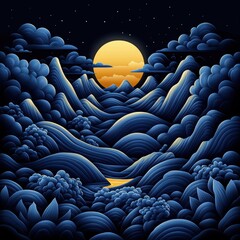 Obraz premium A serene landscape featuring rolling hills and a large, bright moon over a dark, starry sky, creating a tranquil and mystical atmosphere.