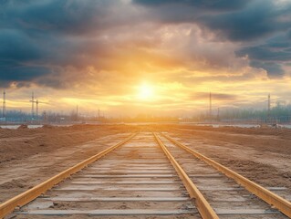 Obraz premium Railroad Tracks Leading to Sunset at Construction Site