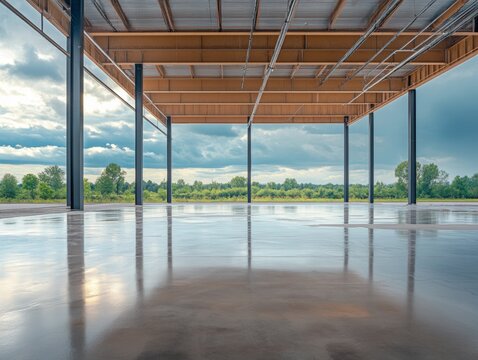 Empty Commercial Building Interior with Polished Concrete Floor and Open Sky View.