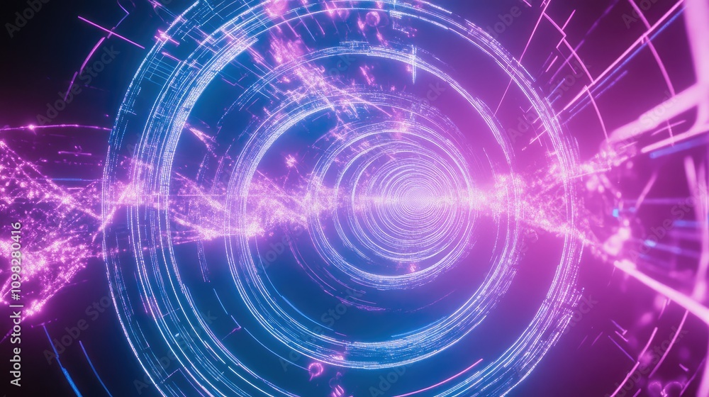 Poster holographic circles and lines intersecting to represent abstract data points, with electric blue and