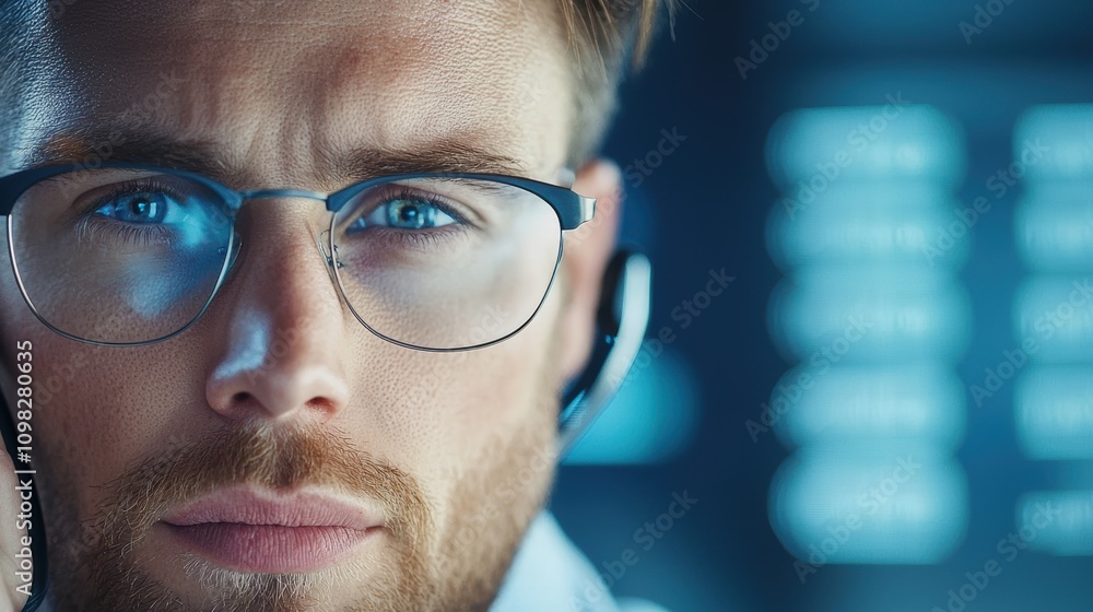 Poster a financial analyst, with multiple computer screens displaying market data, speaks on the phone with