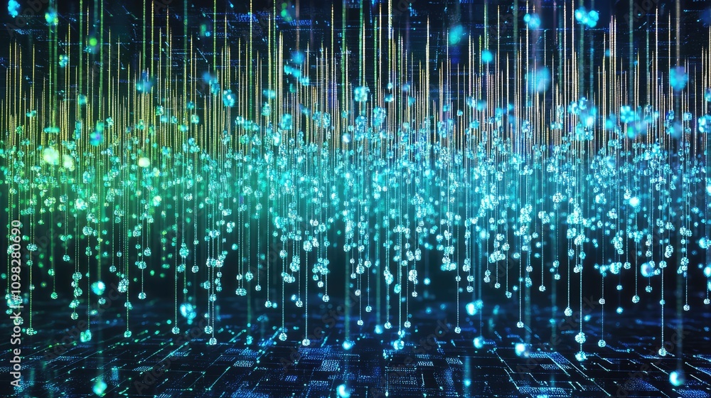Poster holographic data droplets falling like rain, creating a pixelated, translucent effect with neon gree
