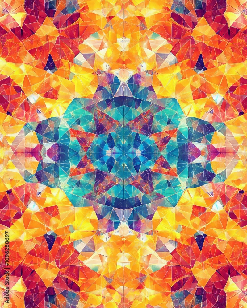 Poster this vibrant and colorful abstract pattern features a kaleidoscope of shapes, blending warm and cool