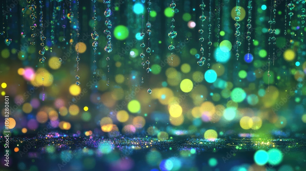 Poster holographic data droplets falling like rain, creating a pixelated, translucent effect with neon gree