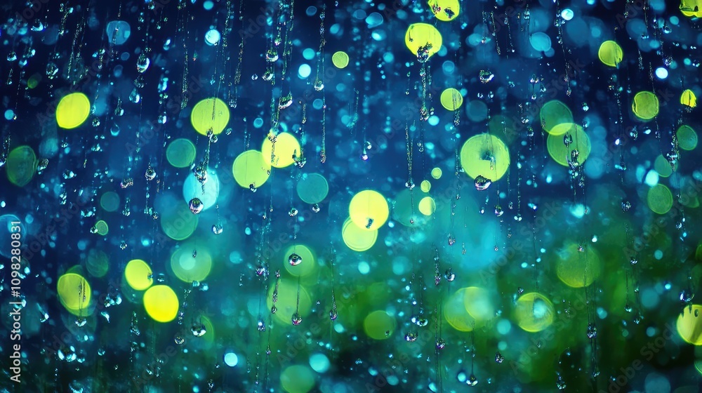 Poster holographic data droplets falling like rain, creating a pixelated, translucent effect with neon gree