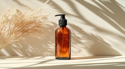 Fototapeta premium Amber glass bottle with pump dispenser on white background with dried pampas grass and shadows.