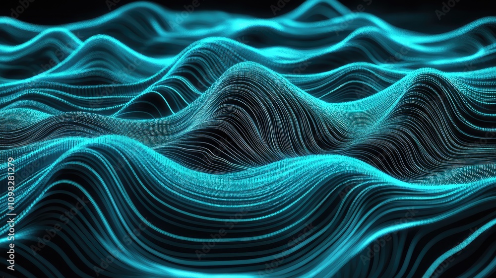 Poster holographic lines forming dynamic patterns and connections, simulating real-time data interactions