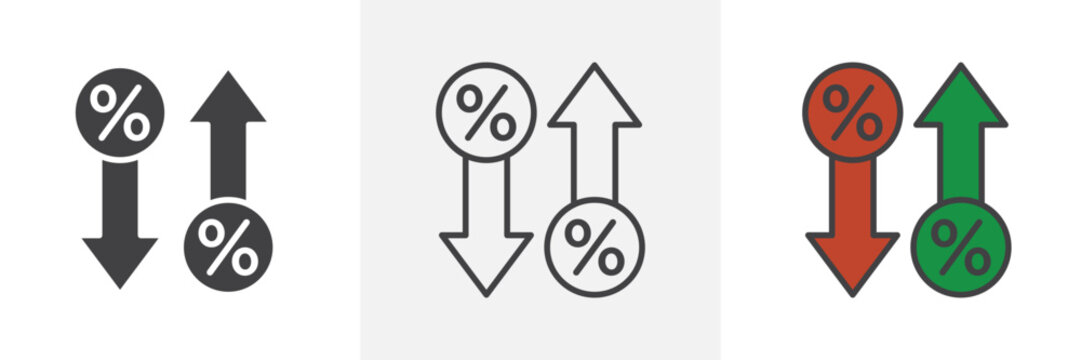 High and Low Percent arrow icon collection in black and white and colored style