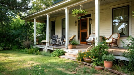 Fototapeta premium A front view of a farmhouse with a porch and outdoor seating.